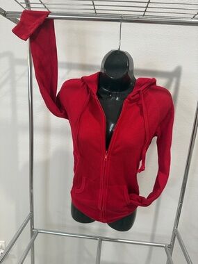 Active Basic Red Ribbed Zip-Up Hoodie
